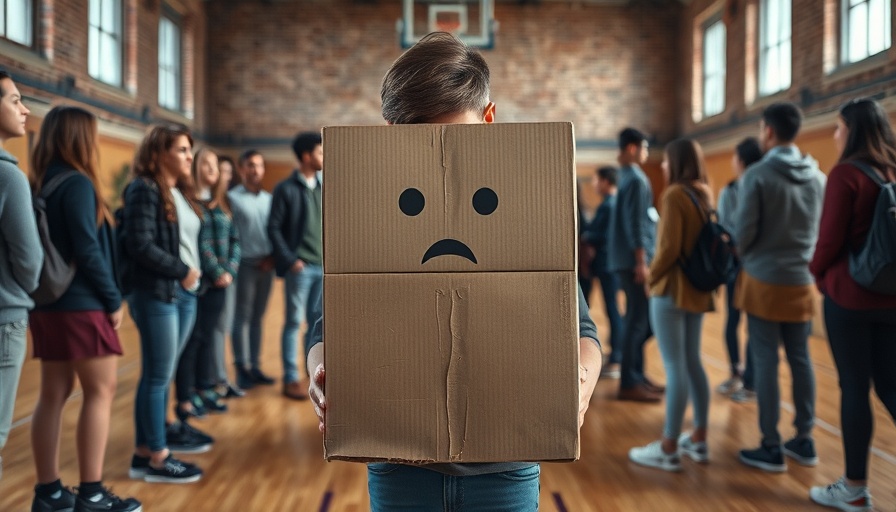 Teen with box on head in gymnasium setting.