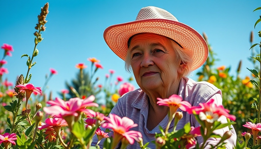Older woman gardening among South African indigenous flowers
