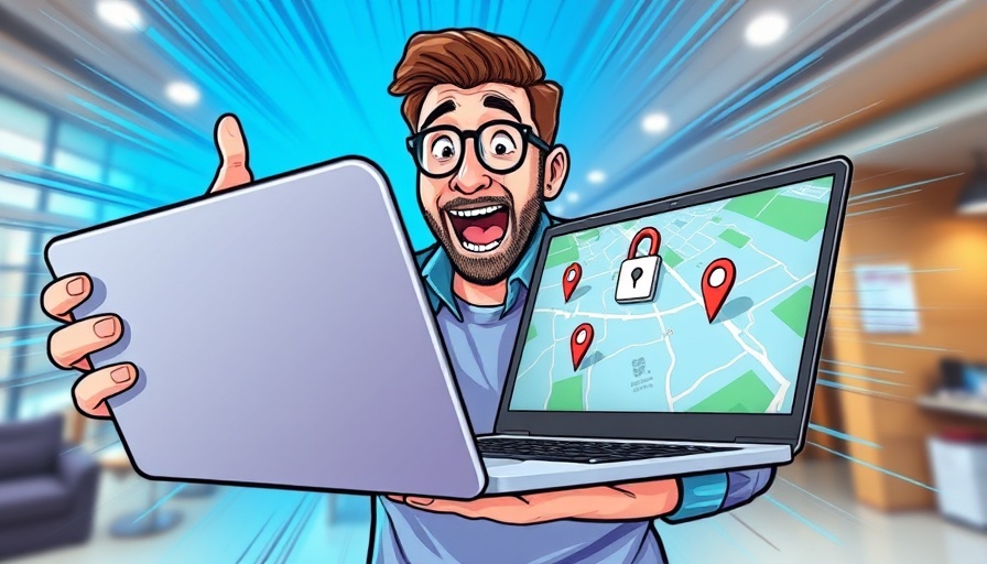 Cartoon of man pointing at laptop with map for Google ranking concept.