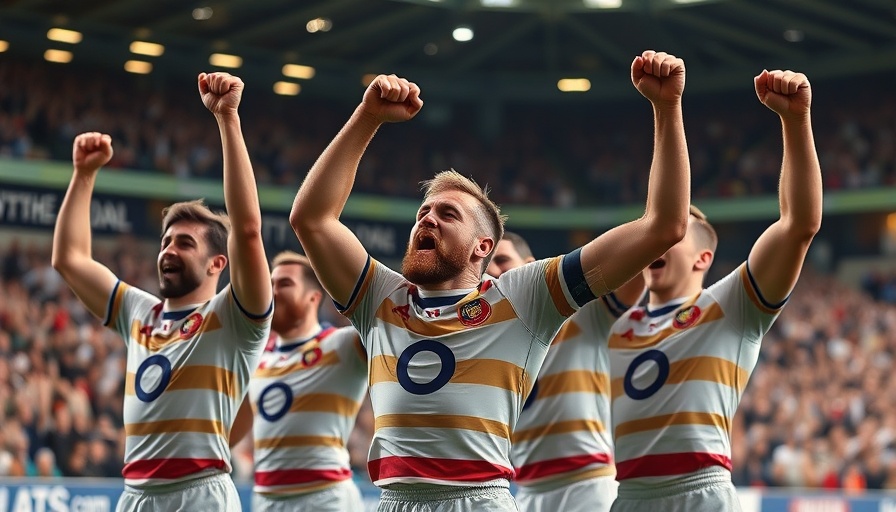 England rugby players celebrating a ten-try victory over Wales.