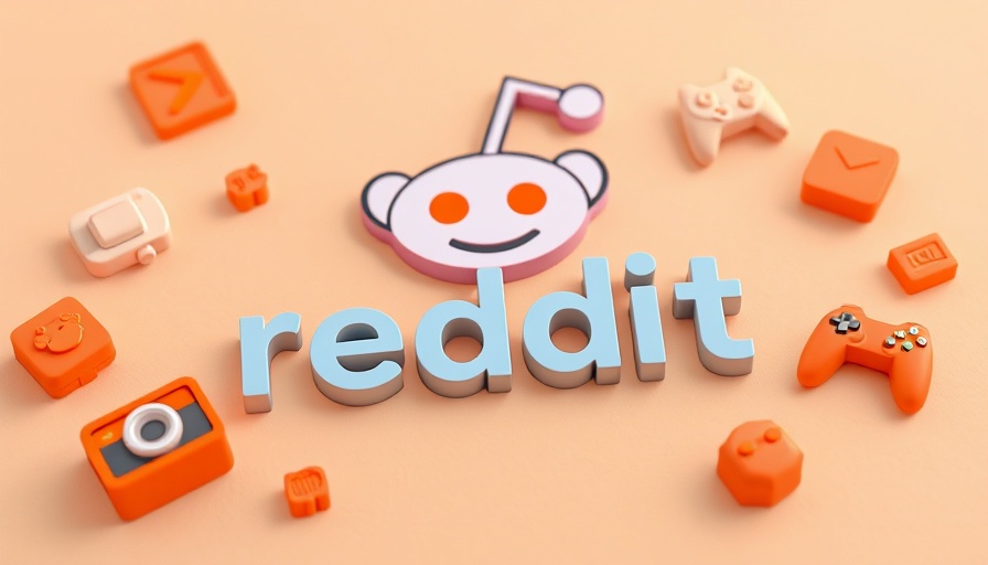 Colorful Reddit logo with floating orange 3D icons.