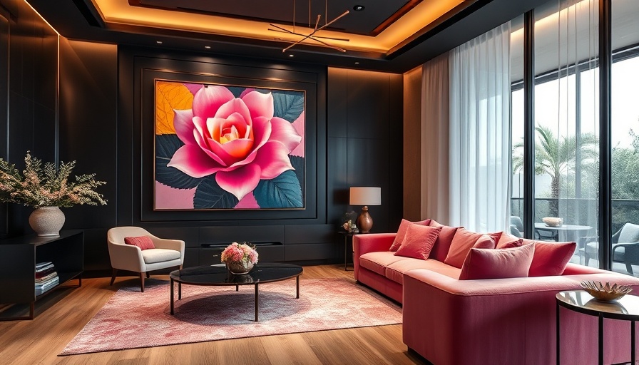 Luxurious living room decor with vibrant artwork and flowers.