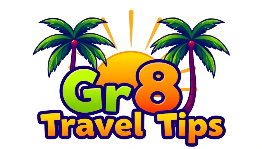 Colorful travel logo with palm trees and sunset