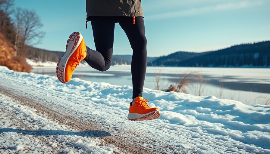 Jogger in orange sneakers running on snowy path near a frozen lake.