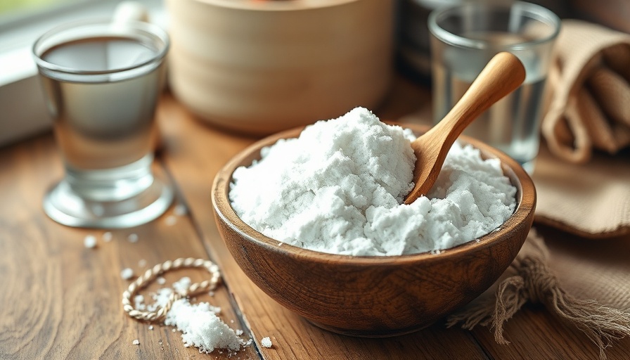 Baking soda and glass of water on rustic table highlighting health benefits.