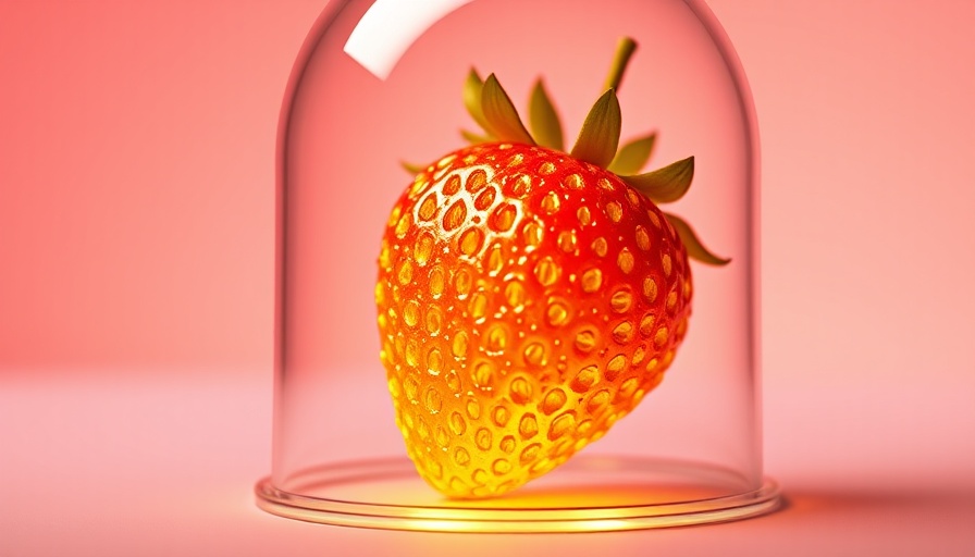 Gold strawberry under cloche, symbolizing tariffs on vegetables.