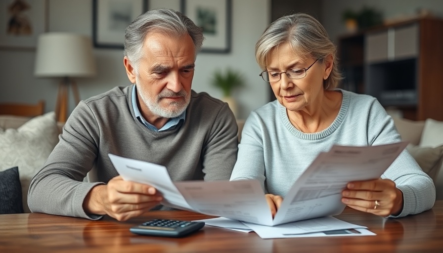 Middle-aged couple reviewing financial documents in living room.