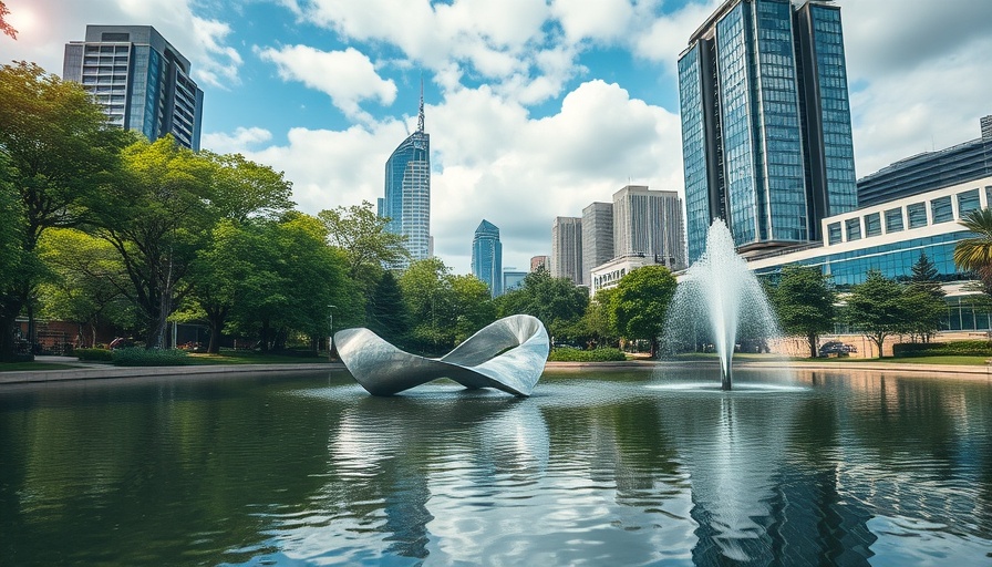 Urban park with sculpture and skyline, Wealth Strategies from Simon and Garfunkel.