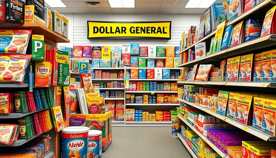 Colorful Dollar General products neatly arranged on shelves.