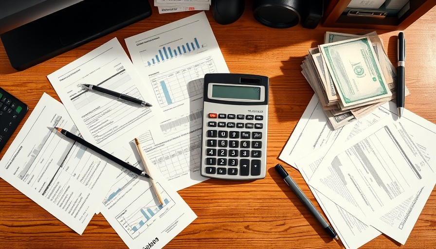 Desk with financial documents, calculator, and cash related to sinking funds