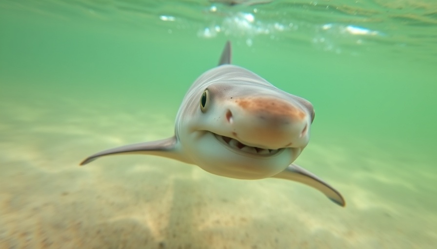 Close-up of a baby lemon shark smiling underwater.