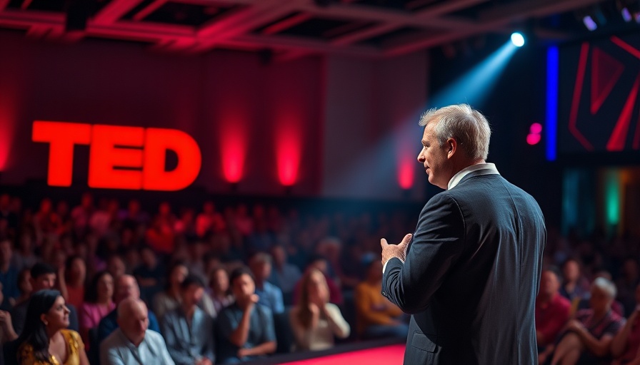 Engaging speaker at TEDx discussing women in comedy with dramatic lighting.