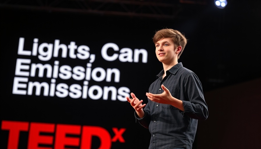 Sustainability in Film and Television talk on a TEDx stage with spotlight.