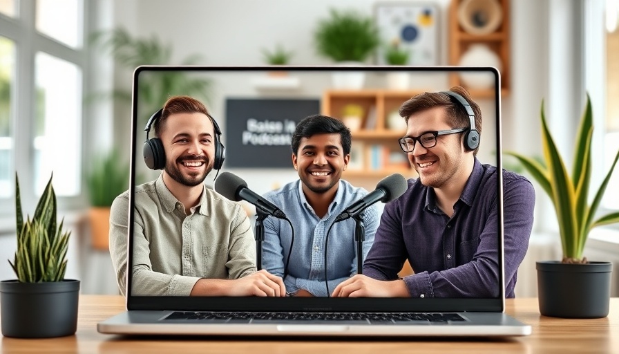 B2B Podcasting: Virtual discussion with hosts on laptop.