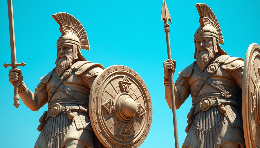 Statues of ancient warriors holding weapons and shield.