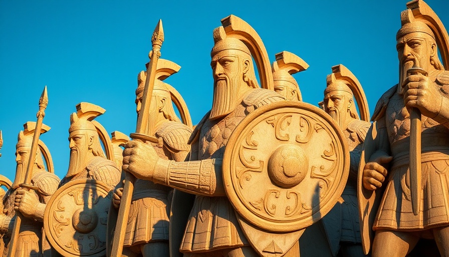 Ancient warriors statue against blue sky, representing strength.