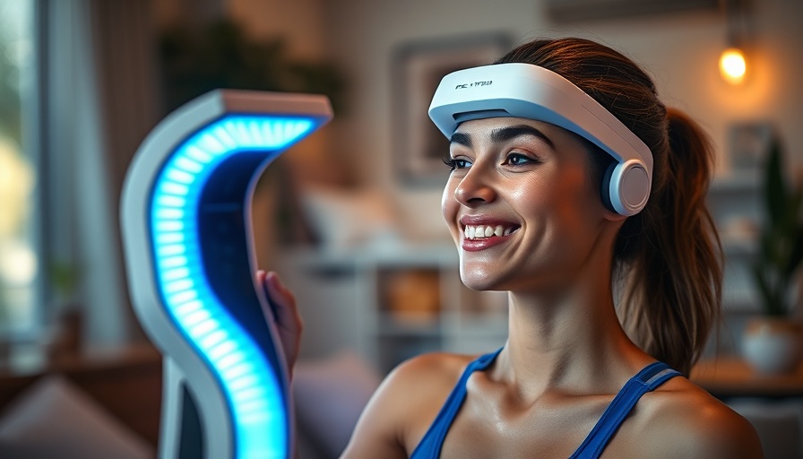 Young woman using FlexBeam for muscle recovery in cozy room.
