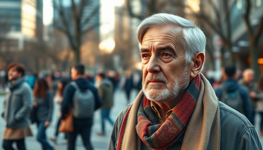Man in traditional scarf in urban park setting, thoughtful expression.