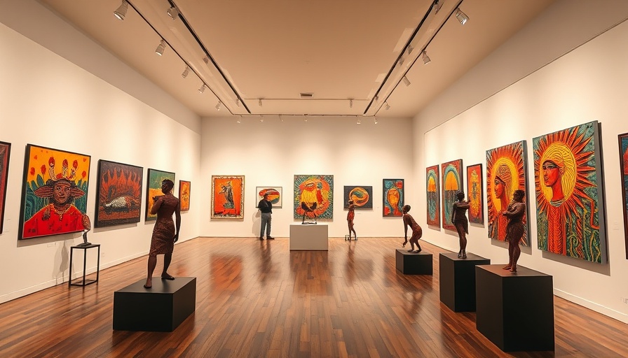 Contemporary Indigenous art exhibit with vibrant paintings and sculptures.