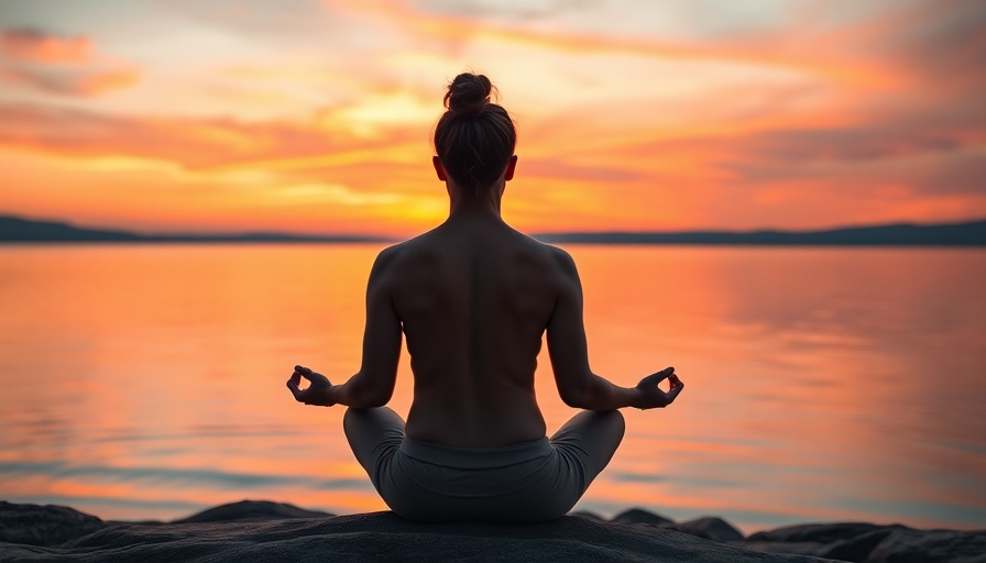 Serene meditation scene, sunset by the lake for anxiety relief.