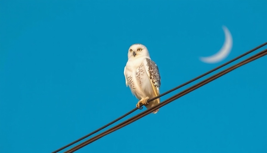 Solitary owl on wire under crescent moon, night owls.
