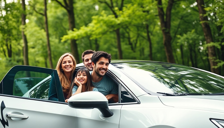 Happy family in fast family car 2025 on forest road.