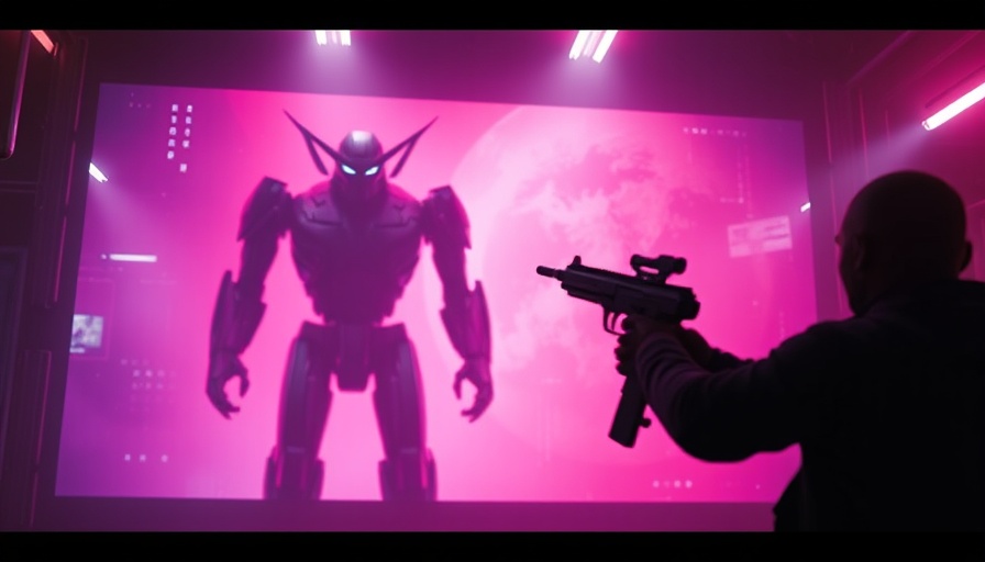 Futuristic scene with robot and silhouetted figure in Baby Invasion Harmony Korine style.