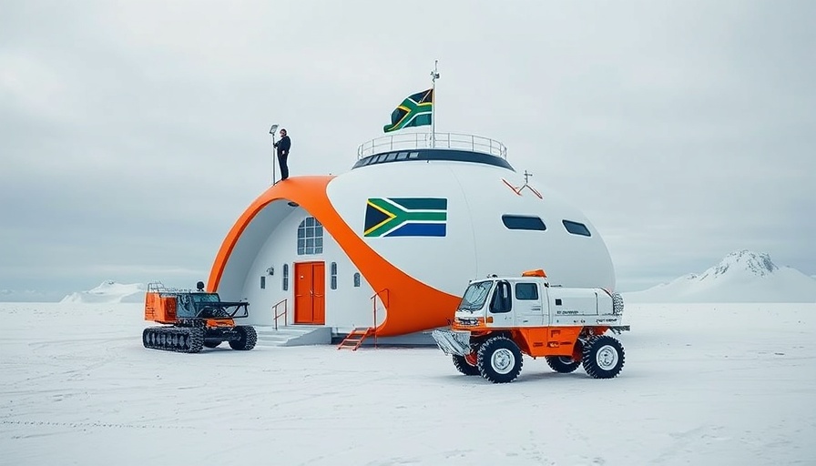 South African Antarctic research base in snowy tension scene.