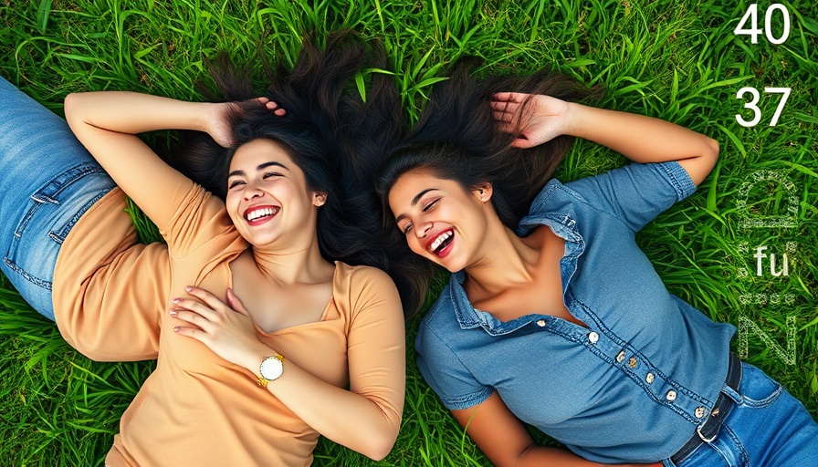 Two women smiling on grass, embodying relaxation.