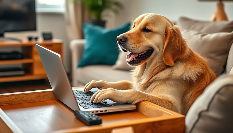 Golden retriever using a laptop, illustrating data analytics for SEO strategy.