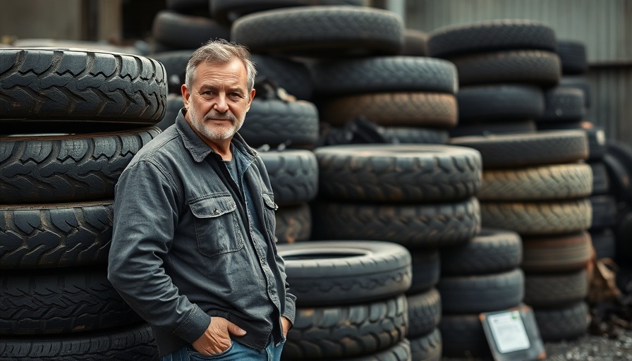 Man standing beside stack of waste tyres, promoting recycling.
