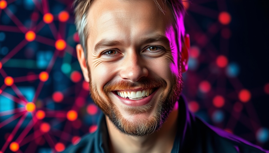 Smiling man with text 'Future of SEO' in digital network background.