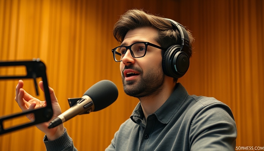 Confident speaker discussing AI in marketing in a podcast setting.