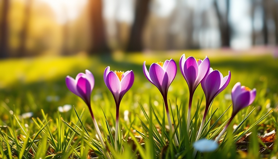 Signs of Spring Wellness depicted by blooming crocus flowers in sunlight.