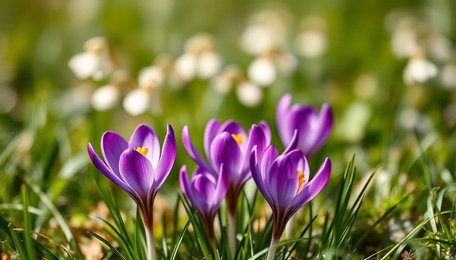 Vibrant purple crocuses blooming in spring meadow