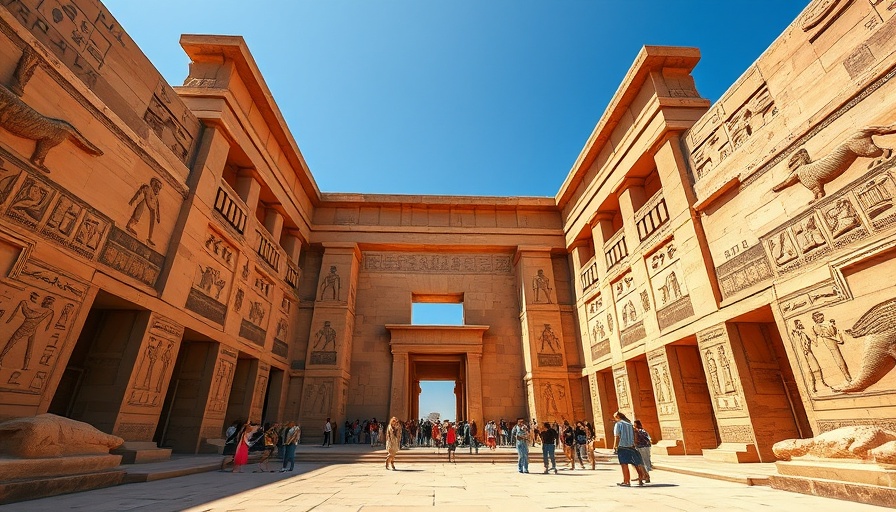 Ancient African ruins with hieroglyphs under blue sky.