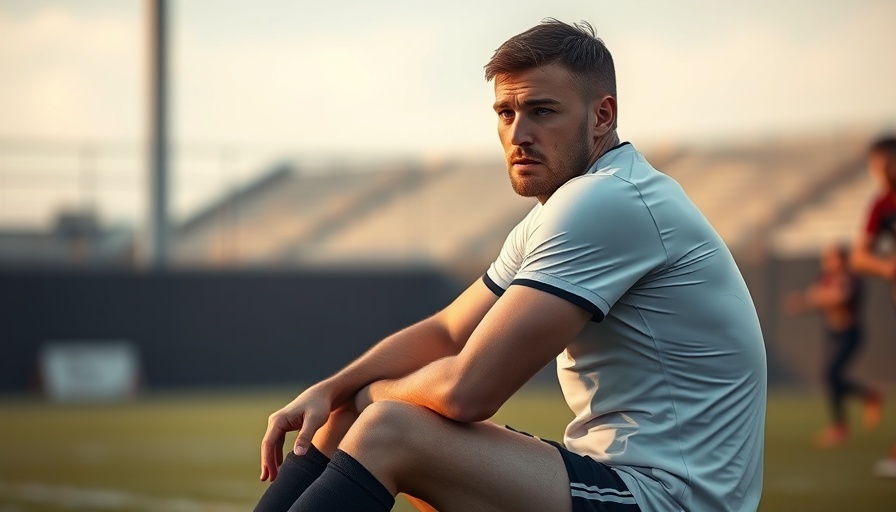 Focused rugby player with pensive expression seated on training field.