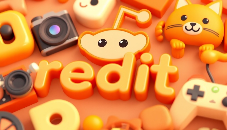 Reddit logo with playful orange 3D objects in background.