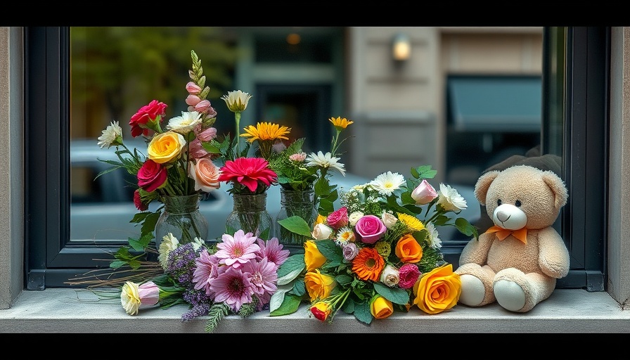 Memorial with flowers and teddy bear near window.