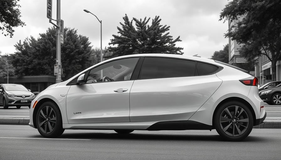 Sleek electric car parked in city, highlighting modern design.