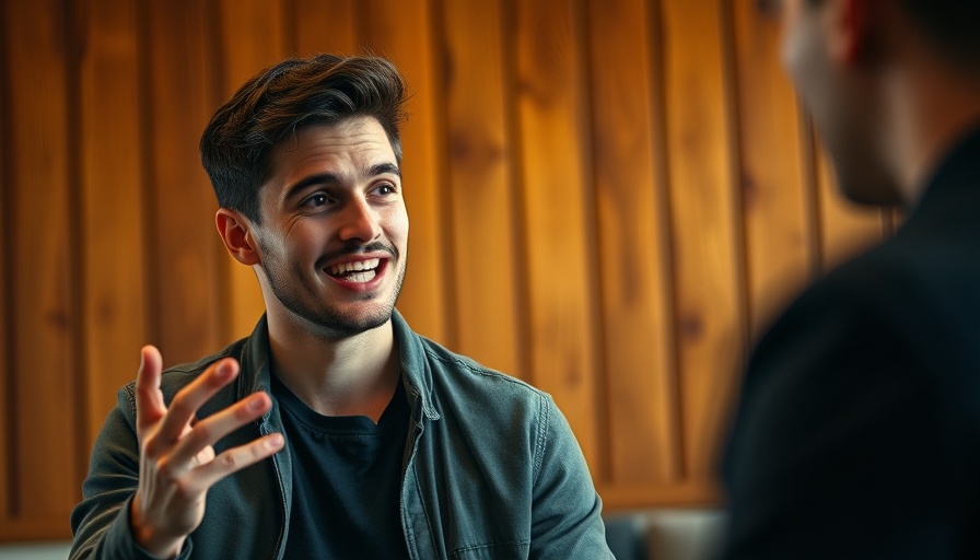 Engaged young man speaking confidently, effective conversationalist phrases.