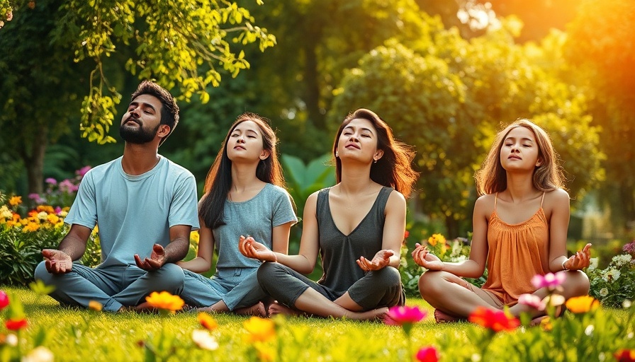 Family meditating together, peaceful garden atmosphere.