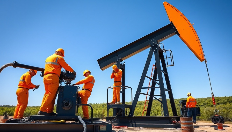 Oil pumpjack with workers from junior oil companies Afentra and Kariya.