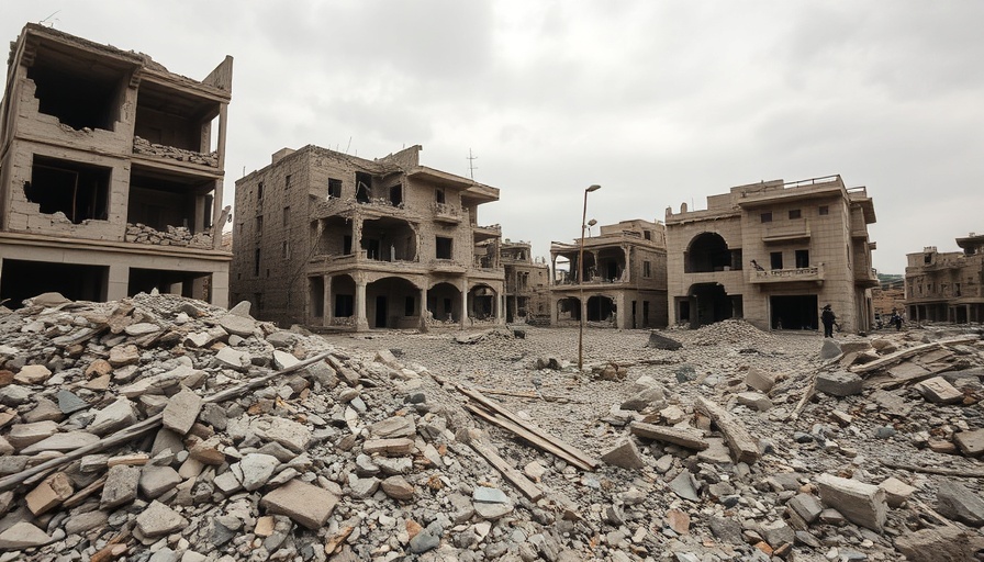 South Africa condemns Israel airstrikes; image shows heavy destruction.
