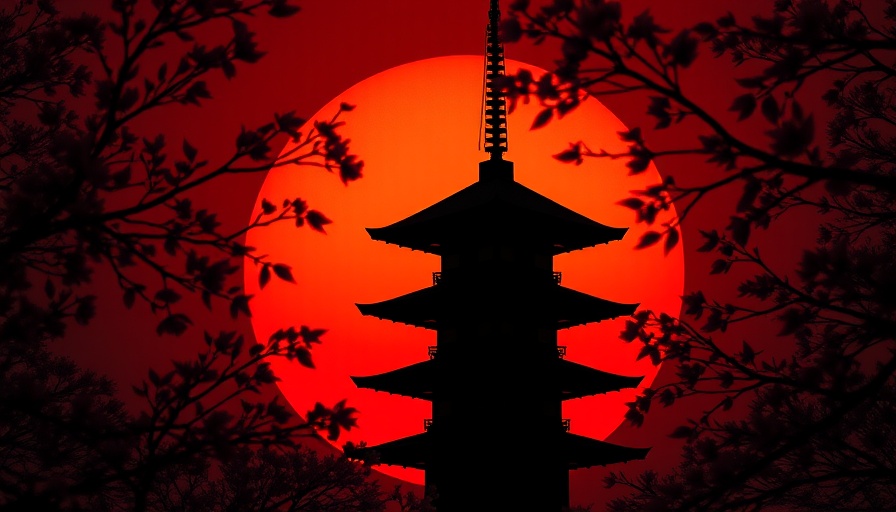 Japanese pagoda silhouette with red background, Scarlet & Violet Academy Pokémon TCG Experience.