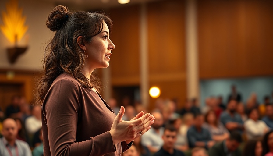 Confident woman speaking on stage about selfless mindset habits.