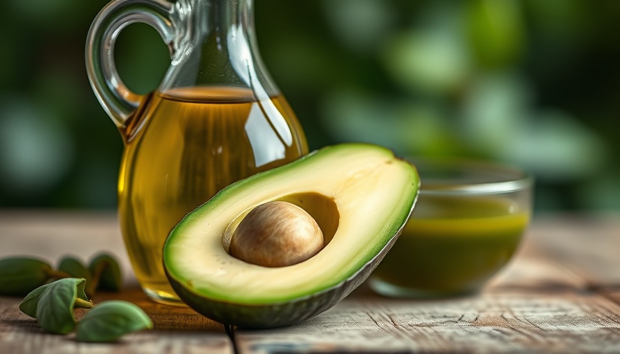 Avocado oil in glass jug with sliced avocado in kitchen setting.