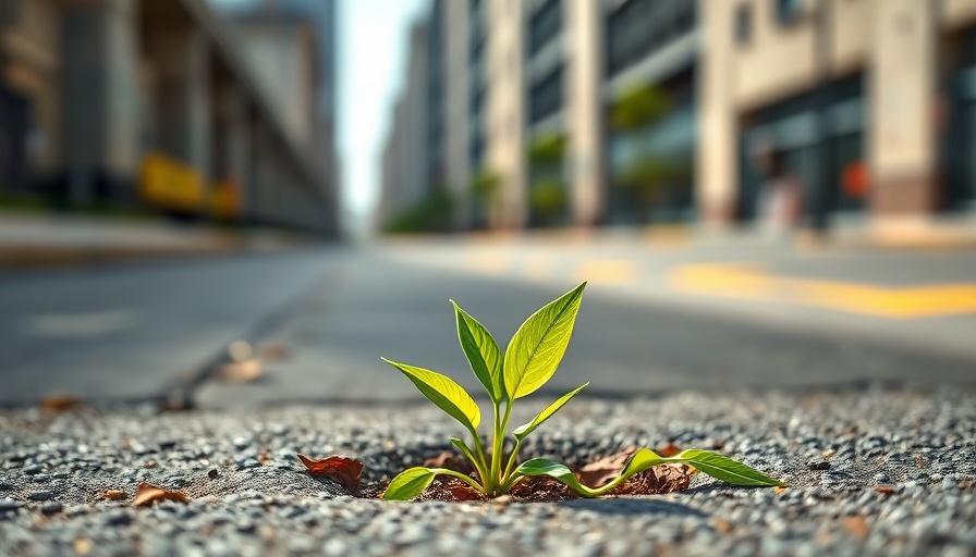Vibrant green plant sprouting through pavement, learn to live lightly.