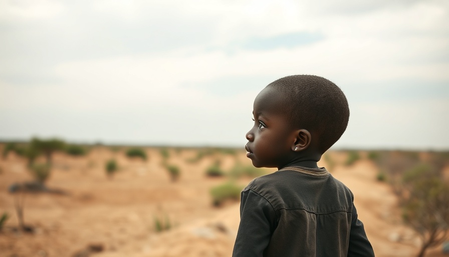 Child in Eastern Africa looking hopeful in arid landscape, highlighting hunger crisis.