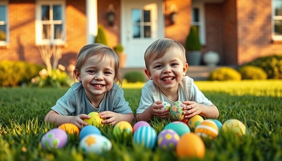 Children collecting Easter eggs outdoors for April 2025 social media calendar.